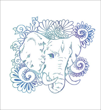 Color drawing of an cosmic elephant on a background of an ornament. Ganesha indian deity