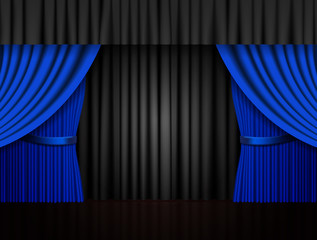 Background with black and blue curtain. Design for presentation, concert, show