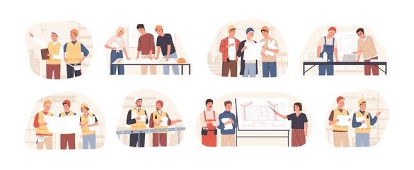 Builders and architects flat vector illustrations set. Architectural project planning, development and approval. Building industry concept. Professional contractors and engineers cartoon characters.