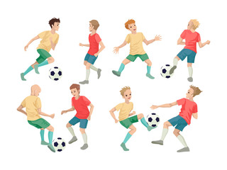 Set of children football players. Boys play football with the ball. Vector illustration