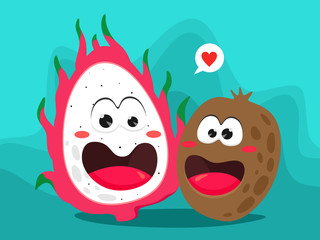 Funny dragonfruit and kiwi fruit together. Vector illustration in cartoon flat style.