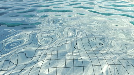 View of water rippled in white tiles swimming pool, with bright light shines into water and make the caustic light shimmering on bottom of the pool. 3D Illustration. - 288917332