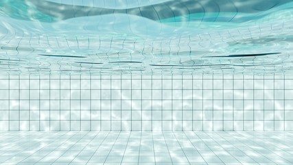 View of under water in white tiles swimming pool, with bright light shines into water and make the caustic light shimmering on side of the pool. 3D Illustration. - 288917355
