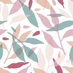 Forest leaves hand drawn vector seamless pattern. Multicolor branches silhouettes decorative texture. Abstract green, pink and brown foliage illustration. Botanical textile, floral wallpaper design.