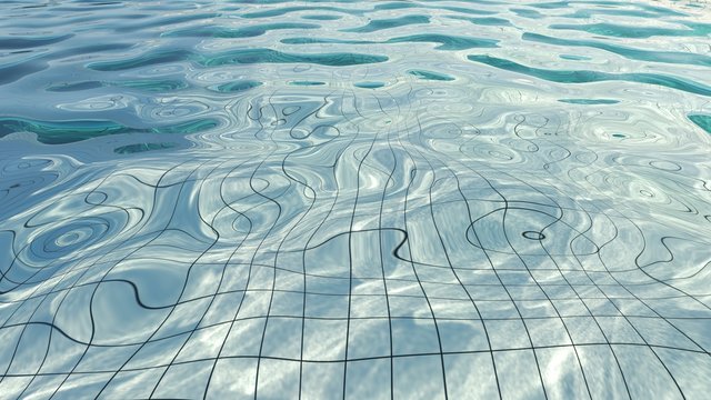 View of water rippled in white tiles swimming pool, with bright light shines into water and make the caustic light shimmering on bottom of the pool. 3D Illustration.