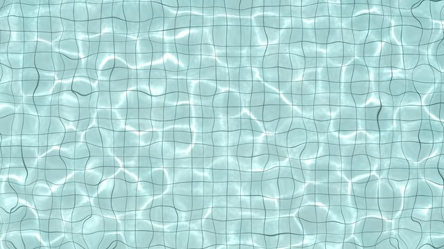 Top view of water rippled in white tiles swimming pool, with bright light shines into water and make the caustic light shimmering on bottom of the pool. 3D Illustration.