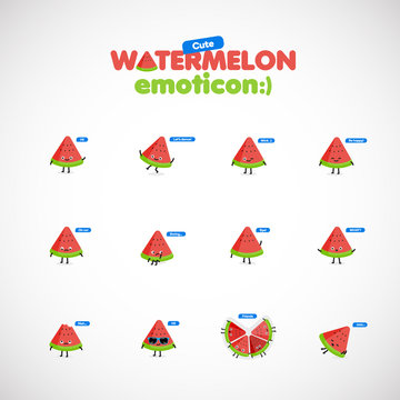 Cute watermelon emoticon set, vector illustration