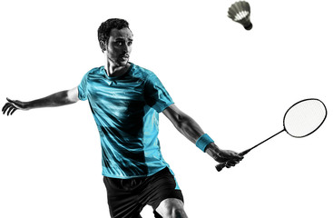 one caucasian Badminton player man in studio shadow silhouette isolated on white background
