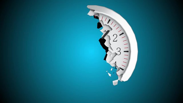 The round dial of a wall clock collapses into small fragments on a black background. Computer generated abstract background, 3d rendering