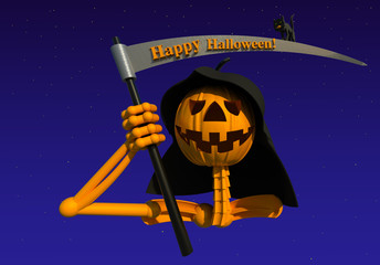 Halloween 3D illustration 3. A pumpkin character decorated as the grim reaper, holding scythe and smiling, night sky background. Collection.