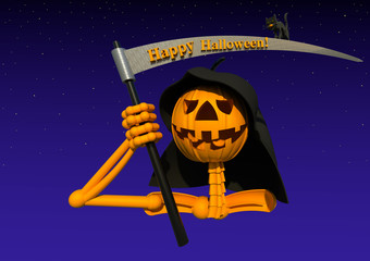 Halloween 3D illustration 4. A pumpkin character disguised as the grim reaper, holding scythe and smiling, night sky background. Collection.