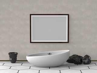 Mock up framed canvas poster print with white modern bathtub, black vase and stone rock in the room. Empty space for advertising, promotion, social media banners. White Ground.