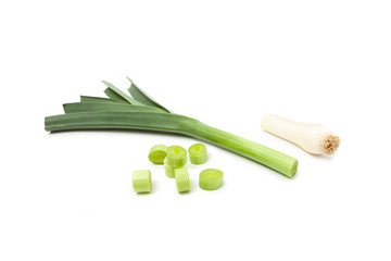 Fresh green leek sliced isolated on white background