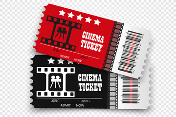 Obraz premium Vector cinema tickets isolated on transparent background. Realistic cinema entrance ticket.