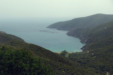 Picturesque view of a fish farm in Aegean sea close to Mamba beach in Sithonia Greece Selective focus