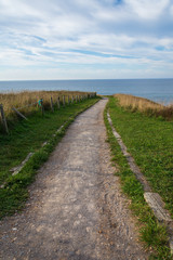 Fototapeta na wymiar Lonely green road to walk on the coast at sunset in Comillas, Cantabria, Spain