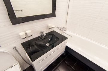 Russia, Moscow- June 15, 2018: interior room apartment. standard repair decoration in hostel. bathroom and toilet