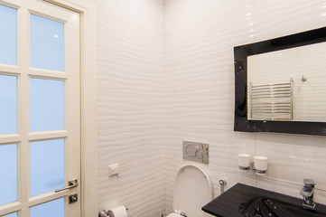 Russia, Moscow- June 15, 2018: interior room apartment. standard repair decoration in hostel. bathroom and toilet