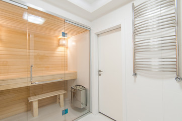 Russia, Moscow- June 15, 2018: interior room apartment. standard repair decoration in hostel. bathroom and sauna