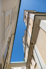 Fragment of the facade of the Cathedral of St. Nicholas in Ljubljana against the sky.