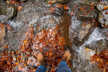 man lags in blue jeans and brown boots walking by stream full of yellow leafs