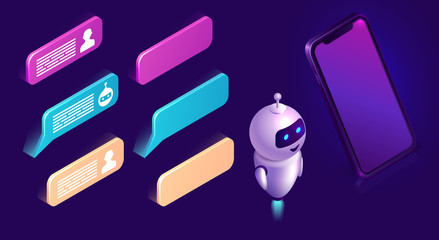 Chatbot technology, isometric set vector illustration. Ultraviolet background with mobile phone, artificial intelligence or robot figure, text bubble or message icons, interface design elements