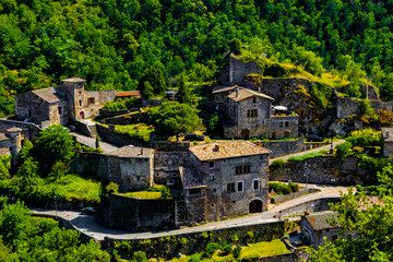 Beautiful village in the mountains of France. Mountain valley village landscape summer. Mountain village view. Village in mountains. Mountain valley village landscape.