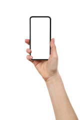 Smartphone in female hand isolated on white background