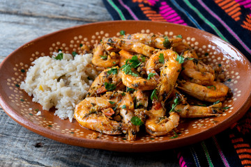 Garlic shrimp also called "al ajillo" with rice