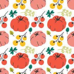 hand drawn vector illustration of tomato cooking ingredient in modern sketch hanndrawn style. Colorful seamless pattern of vegetable, good for fabric textile print or wrapping paper.