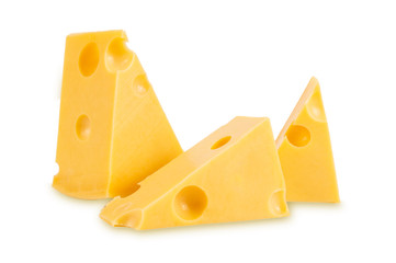 pieces of tasty yellow cheese isolated on white background