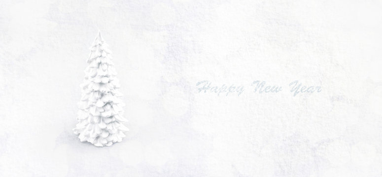 White gypsum christmas tree on white snow. New Year's minimalist concept, panoramic mock up, happy new year panoramic image
