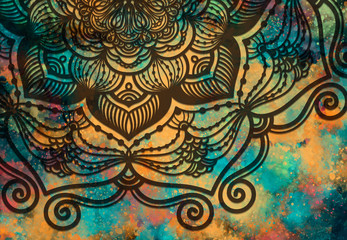 Abstract mandala graphic design and watercolor digital art painting for ancient geometric concept background