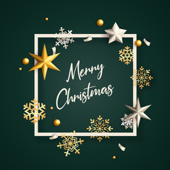 Fototapeta na wymiar Merry Christmas banner in frame with flakes on green ground. Lettering can be used for invitations, post cards, announcements