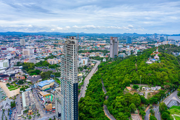 Naklejka premium Aerial view of Pattaya city in Chonburi, Thailand. Aerial view from drone