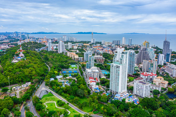 Obraz premium Aerial view of Pattaya city in Chonburi, Thailand. Aerial view from drone