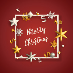 Fototapeta na wymiar Merry Christmas banner in frame with stars on red ground. Lettering can be used for invitations, post cards, announcements