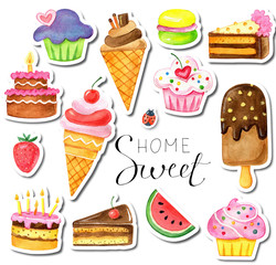 Hand drawing watercolor set of cakes isolated on white background. Large set of watercolor hand drawing sweets and holiday decorations