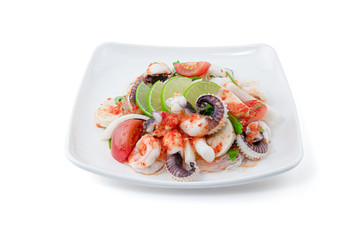 Thai Style spicy seafood salad with noodle isolated on the white background