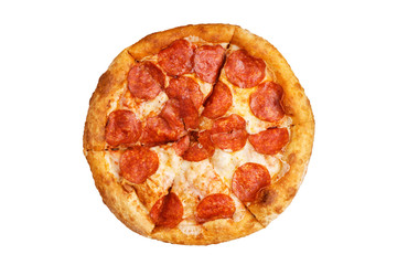 Pizza with pepperoni. Top view. Isolated on white.