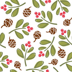 Seamless vector pattern with pinecones and mistletoe.