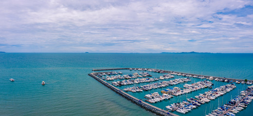 Aerial panorama view of Harbor ocean marina yachts club in Pattaya city of Thailand
