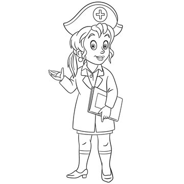 Coloring Page With Nurse, Female Doctor