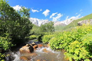 Landscape views of the Caucasus Mountains, river and villages. Peak and river Enguri. Georgia. Summer. 2019