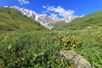 Landscape views of the Caucasus Mountains, river and villages. Peak and river Enguri. Georgia. Summer. 2019