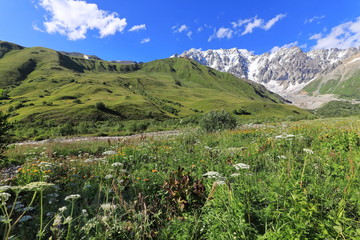 Landscape views of the Caucasus Mountains, river and villages. Peak and river Enguri. Georgia. Summer. 2019