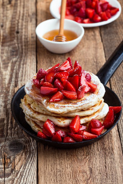 Strawberry  pancakes,  summer brunch rural table