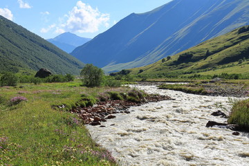 Landscape views of the Caucasus Mountains, river and villages. Peak and river Enguri. Georgia. Summer. 2019