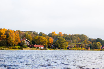 Beautiful autumn landscape with wooden private houses and agricultural buildings on riverbank, colorful autumn trees and blue sky. Outdoor recreation and countryside life concept. Autumn scene.