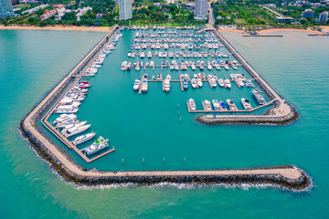 Aerial view of Harbor ocean marina yachts club in Pattaya city of Thailand